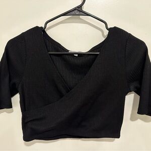 Charlotte Russe Black Ribbed Wrap Crop Blouse